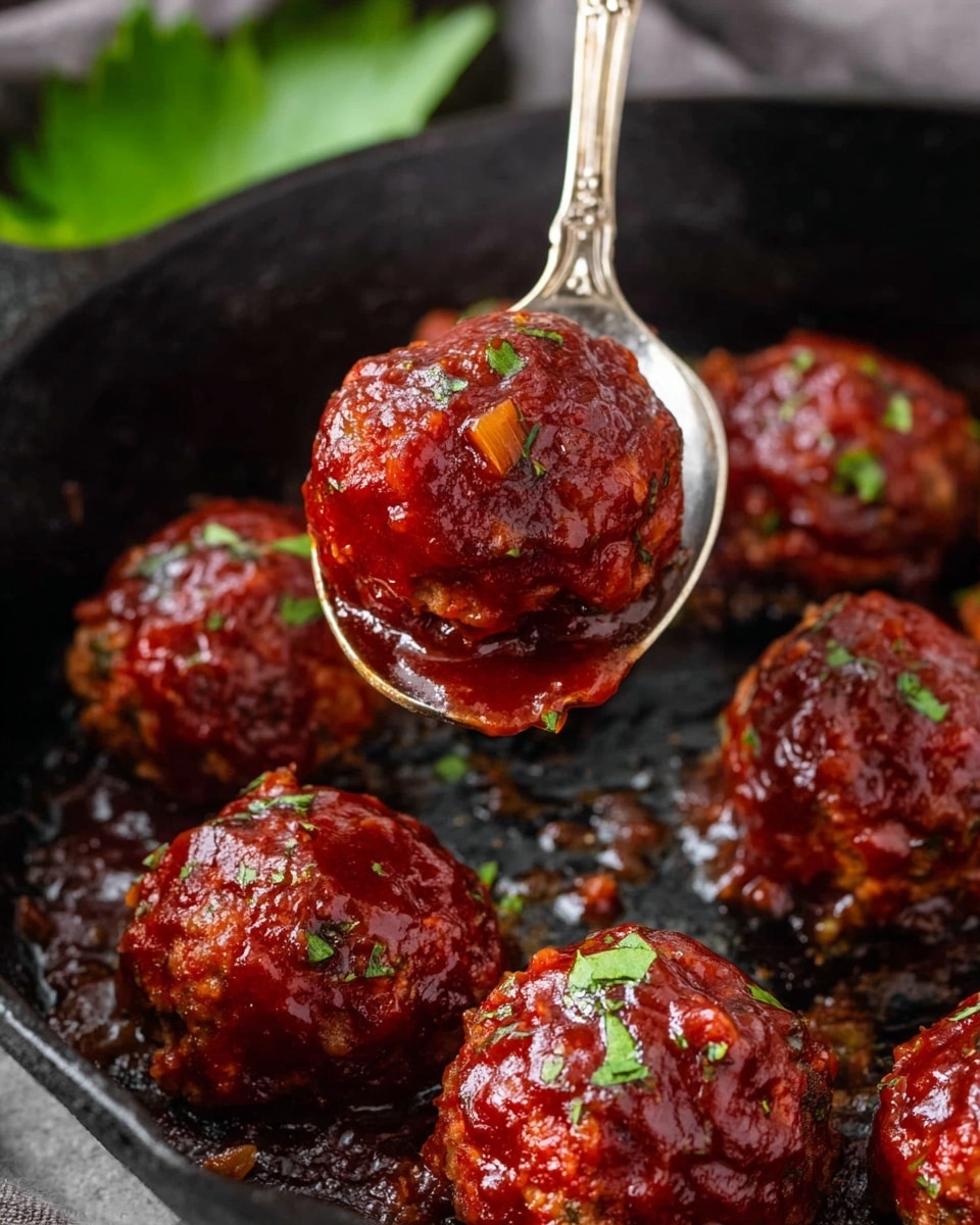 The image shows six round meatballs covered in thick, shiny red barbecue sauce with small bits of onion and green herbs sprinkled on top. The meatballs sit inside a textured black cast iron pan with slight cooking residue visible on the pan surface. One meatball is lifted on a silver spoon with an ornate handle, centered in the image, showing the glossy sauce dripping slightly. The background has a soft focus with a blurred green leaf in the upper left corner. photo taken with an iphone --ar 4:5 --v 7
