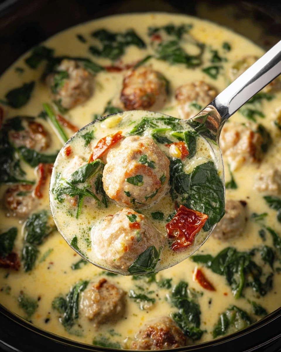 The image shows a white plate filled with several small, round golden-brown meatballs mixed with soft yellow gnocchi. Both are covered in a creamy light yellow sauce that has green leafy bits and small pieces of red tomato mixed throughout. A fresh green basil leaf sits on top for garnish. The plate rests on a white marbled surface with some scattered green basil leaves around. photo taken with an iphone --ar 4:5 --v 7