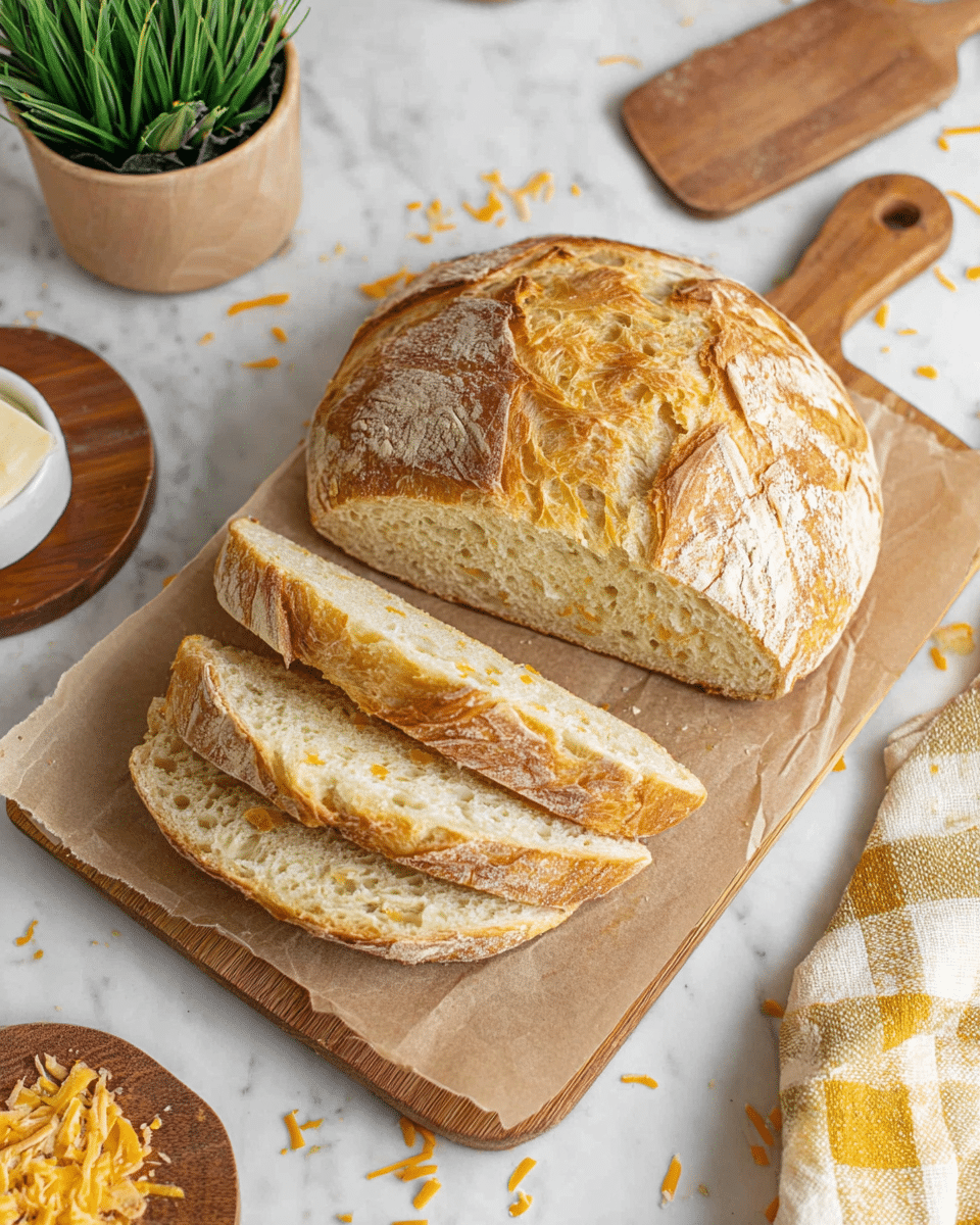 A round loaf of bread with a golden brown crust sits on a wooden cutting board lined with brown paper, partially sliced into five thick pieces arranged in a slight fan shape. The bread's interior is light with a soft, airy texture and small bits of yellow cheese visible throughout. Around the board, there are scattered small shreds of orange cheese on a white marbled surface. Nearby, a wooden spatula rests on the surface, and a small white bowl on a round wooden coaster is partially visible in the lower left. A green potted plant is in the upper right, and a yellow and white checkered cloth is draped on the bottom right corner. photo taken with an iphone --ar 4:5 --v 7