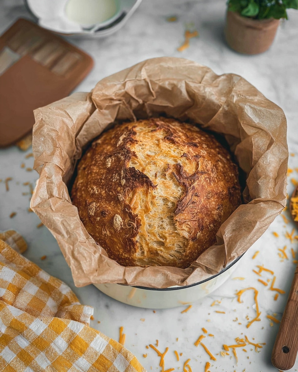 A round loaf of golden-brown bread with a textured, slightly cracked crust sits in the middle of a white pot lined with crumpled light brown parchment paper. The bread has some darker toasted spots and a rustic look. The pot is placed on a white marbled surface sprinkled with a few orange shredded bits. Nearby, there is a white bowl partly visible, a brown spatula, a small green potted plant, and a yellow and white checkered cloth. photo taken with an iphone --ar 4:5 --v 7