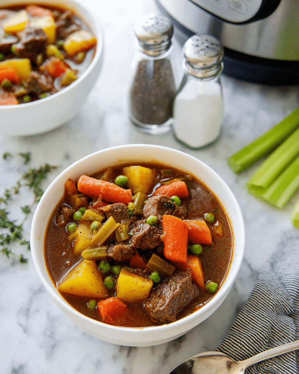 The image shows a white bowl filled with a colorful beef stew on a white marbled surface. The stew has several layers: chunks of dark brown beef, bright orange carrot slices, pale yellow potato pieces, green peas, green beans, and red tomato chunks, all mixed in a rich, deep reddish-brown broth with visible herbs. Near the bowl is a striped white cloth napkin with a tarnished silver spoon resting on top. In the top right corner, a black slow cooker pot is partially visible, also filled with the same stew. Nearby on the surface are whole raw vegetables including a brown potato, a carrot, and green celery stalks, along with two white salt and pepper shakers. Photo taken with an iphone --ar 4:5 --v 7