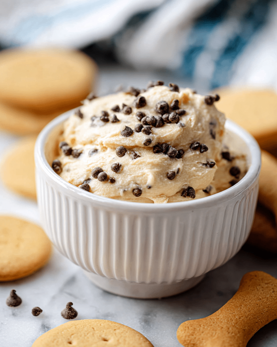 A white ribbed bowl filled with creamy, light beige cookie dough mixed with small dark brown chocolate chips, which are scattered on top and throughout the dough. The dough’s texture looks thick and smooth with some soft peaks. Surrounding the bowl are several golden round cookies and a few light brown dog-bone shaped biscuits, resting on a white marbled surface. In the background, a blurred cloth with blue and white stripes is visible. photo taken with an iphone --ar 4:5 --v 7