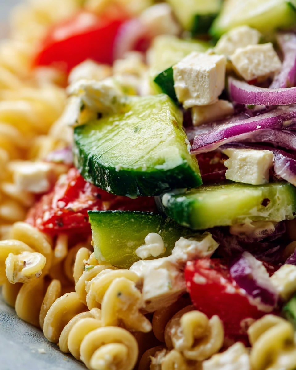 The image shows a close-up view of a colorful pasta salad with several layers and textures. The base layer is twisted pasta in pale yellow. On top, there are thick, fresh green cucumber slices with a textured surface, along with small cubes of white cheese. Thin, curly strips of deep purple-red onion are scattered across the salad, adding sharp accents. Bright red chunks of tomato provide pops of color in between all the layers. The salad looks lightly coated with a creamy dressing that gives a slightly glossy look to the ingredients. The background shows a white marbled texture, adding a clean and fresh feel to the image. photo taken with an iphone --ar 4:5 --v 7