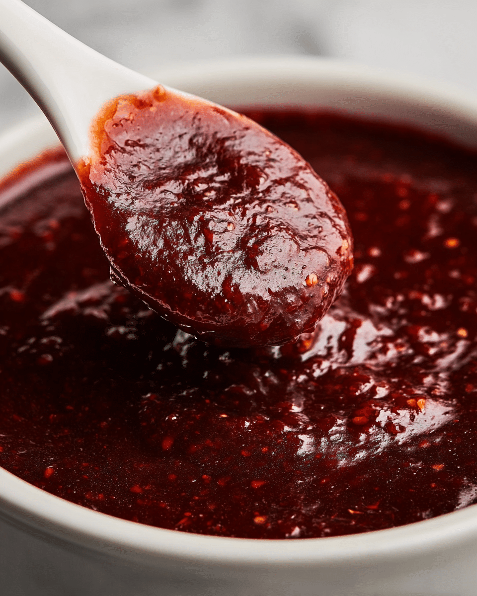 The image shows a close-up of a thick, dark red sauce with a glossy and slightly chunky texture, being scooped by a white ceramic spoon. The sauce appears rich and dense, with small bits visible throughout, and is held above the surface of more sauce in a white bowl. The background features a white marbled texture that softly contrasts with the intense color of the sauce. Photo taken with an iphone --ar 4:5 --v 7