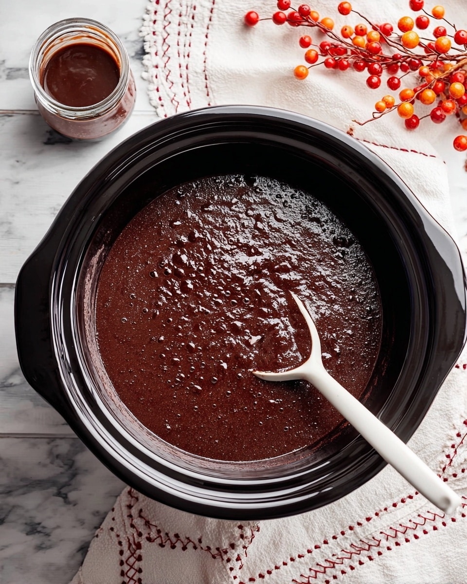 A large black slow cooker filled with a thick, dark brown chocolate mixture with a slightly shiny surface and a few small bubbles, showing a rich and dense texture. A white spoon is partially submerged on the right side, coated with the chocolate mixture. The background is a white marbled texture, with a white cloth featuring red stitched edges on the right side, and some red and orange berry-like decoration above it. A small glass jar of chocolate sauce sits at the top left corner. photo taken with an iphone --ar 4:5 --v 7