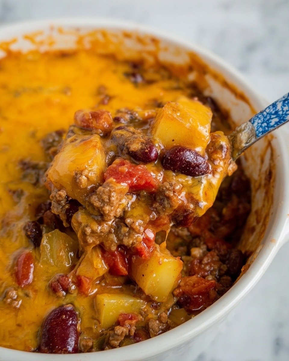 The image shows a close-up of a white bowl filled with a thick, hearty dish made of three main layers: the bottom layer is a mix of cooked ground meat, red kidney beans, diced yellow potatoes, and chunks of red tomatoes, all mixed together with a slightly saucy texture; the middle layer consists of a smooth melted orange cheese that covers the meat and vegetables, creating a creamy top; the topmost layer is mostly melted cheese with some browned spots and a glossy finish, suggesting it has just been baked or broiled. A blue and white patterned spoon is scooping the mixture out from the bowl, revealing the colorful layers inside. The whole scene sits on a white marbled surface. photo taken with an iphone --ar 4:5 --v 7