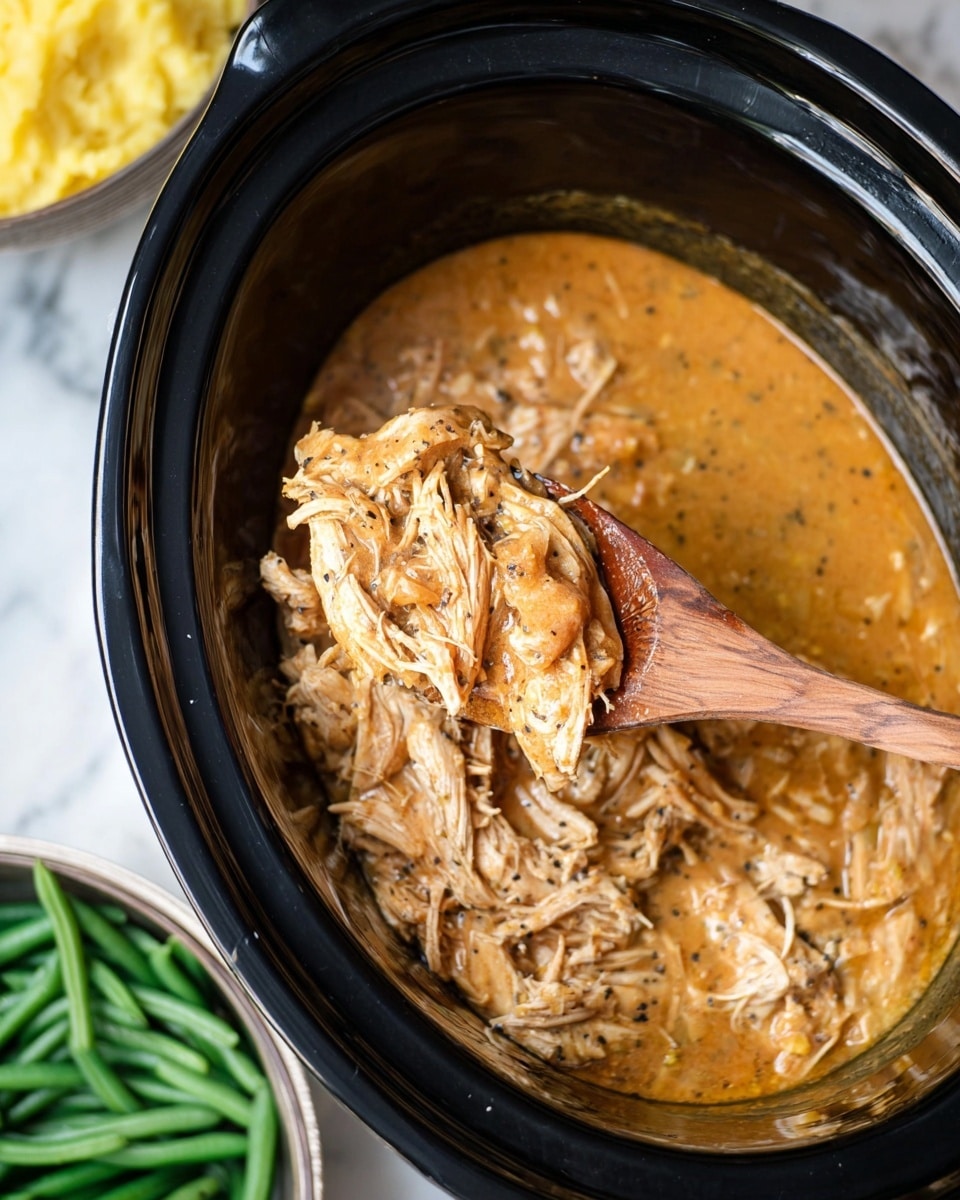 A close-up view shows shredded chicken soaked in a rich, creamy light brown sauce with visible black pepper specks inside a black slow cooker. A wooden spoon lies diagonally inside, lifting a portion of the shredded chicken. To the right of the cooker is a metal bowl filled with bright green cooked green beans. The top left corner shows a small part of a white bowl containing yellow mashed potatoes. The whole setup is on a white marbled surface. photo taken with an iphone --ar 4:5 --v 7