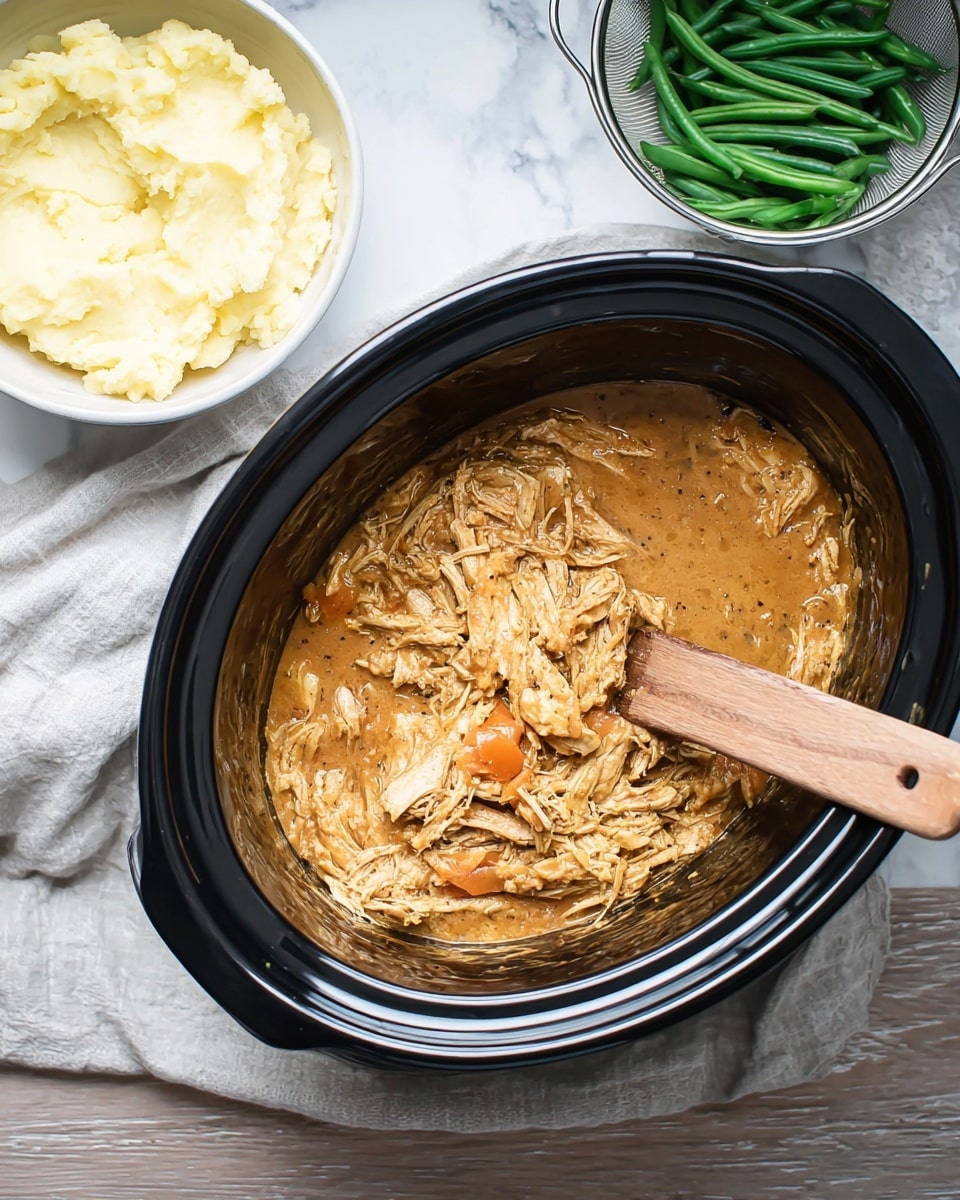 The image shows a black slow cooker filled with shredded chicken in a thick, brown, creamy sauce with visible specks of black pepper and a couple of small soft orange vegetable slices mixed in; a wooden spoon is stirring the mixture, with its handle resting on the edge of the cooker. To the left, there is a white bowl filled with smooth, pale yellow mashed potatoes, and to the right, a silver colander holds fresh whole green beans. The whole setup is on a white marbled textured surface with a light grey cloth under the slow cooker. photo taken with an iphone --ar 4:5 --v 7