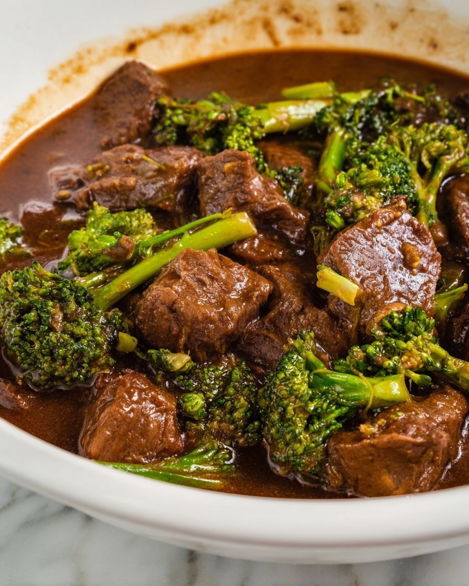 The image shows a close-up of a dish with several layers: the base is a thick dark brown sauce with visible texture, surrounding chunks of medium to dark brown cooked beef pieces that look tender; scattered throughout are small bright green broccoli florets with lighter stems, adding a fresh contrast to the darker meat and sauce; the dish is presented in a white bowl, and there are some sauce stains near the edge. The surface beneath the bowl is a white marbled texture. photo taken with an iphone --ar 4:5 --v 7