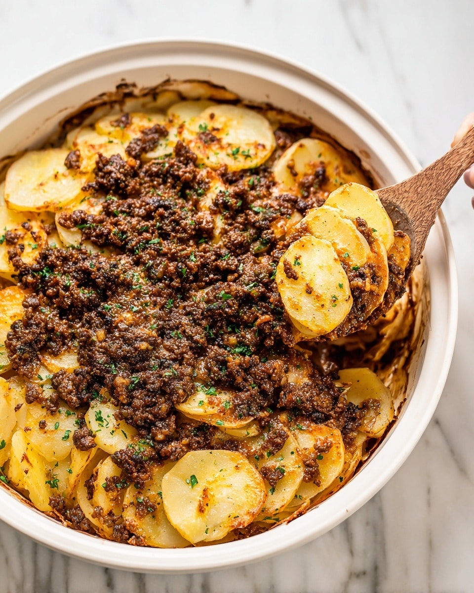 A white bowl filled with a layered dish showing sliced cooked potatoes at the bottom, pale yellow with some golden brown edges and slight softness. On top, there is a dark brown, minced meat sauce scattered unevenly in clusters. The layers are sprinkled with small bits of green herbs for contrast. A woman's hand is holding a wooden spoon lifting a portion that clearly shows two layers of thin potato slices under the cooked meat sauce. The background surface is a white marbled texture. Photo taken with an iphone --ar 4:5 --v 7