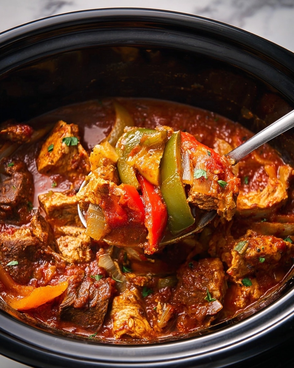 The image shows a slow cooker filled with a cooked dish consisting of three main layers: at the bottom, brown cooked chunks of beef with a tender texture; the middle layer contains orange-red cooked chicken pieces; the top layer features thick slices of green and red bell peppers and cooked onion strips in a rich reddish-brown sauce, garnished with small green herb leaves scattered around. A metal spoon lifts a mix of these ingredients, showing the layers clearly, and the whole inside of the cooker has a glossy, saucy look. The background has a white marbled texture. Photo taken with an iphone --ar 4:5 --v 7