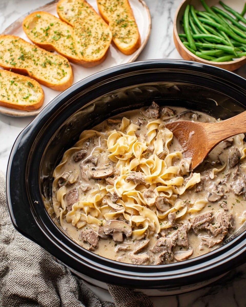 A close-up view of a black slow cooker filled with creamy beef stroganoff consisting of three main layers: the bottom layer of pale yellow egg noodles with a slight curl and fold, the middle layer of rich brown tender beef pieces mixed evenly throughout, and the top layer of thick light beige creamy sauce coating the noodles and beef, topped with a dollop of bright white sour cream sprinkled with green dried herbs. A wooden spoon stirs the mixture inside the slow cooker. In the blurred background, there is a white plate stacked with golden toasted garlic bread slices. The surface beneath has a white marbled texture. photo taken with an iphone --ar 4:5 --v 7
