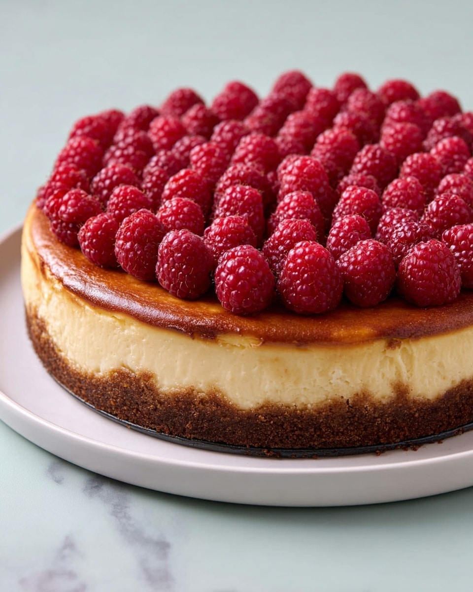 A cheesecake with three layers sits on a white plate against a white marbled textured background. The bottom layer is a dark brown crumbly crust, the middle layer is a thick, creamy beige cheesecake with a slight golden crust on its edge, and the top layer is covered with a neat arrangement of fresh, plump, red raspberries, tightly packed in rows. photo taken with an iphone --ar 4:5 --v 7