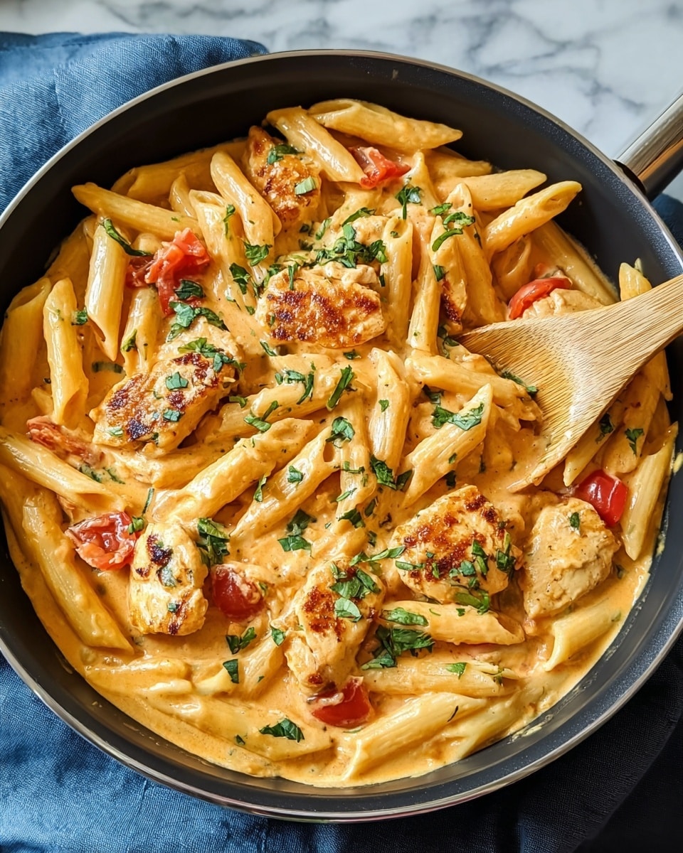 A black pan holds a creamy penne pasta dish with three main layers: the bottom layer is penne pasta coated in a creamy orange sauce, the middle layer includes chunks of cooked chicken with light golden brown sear marks, and the top layer is scattered fresh green chopped herbs and small red tomato pieces adding color contrast. A wooden spoon rests inside the pan on the right side, partially mixing the dish. The pan is set on a white marbled surface with a blue cloth partially visible underneath. photo taken with an iphone --ar 4:5 --v 7