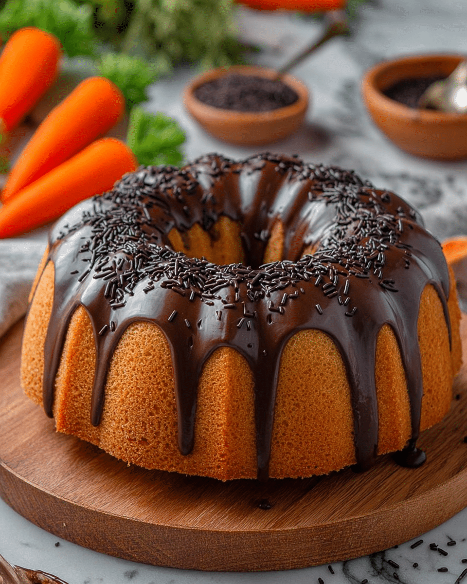 A bundt cake is shown with one main layer of golden brown bread, topped with smooth, dark chocolate glaze that flows down the sides in thick drips, almost reaching the base. The glaze is decorated with small, thin black sprinkles spread evenly across the top. The cake sits on a round wooden board, and the background includes orange, textured decorations resembling carrots with green leaves. A bowl filled with dark chocolate sprinkles and a spoon is visible in the background on a white marbled surface. photo taken with an iphone --ar 4:5 --v 7