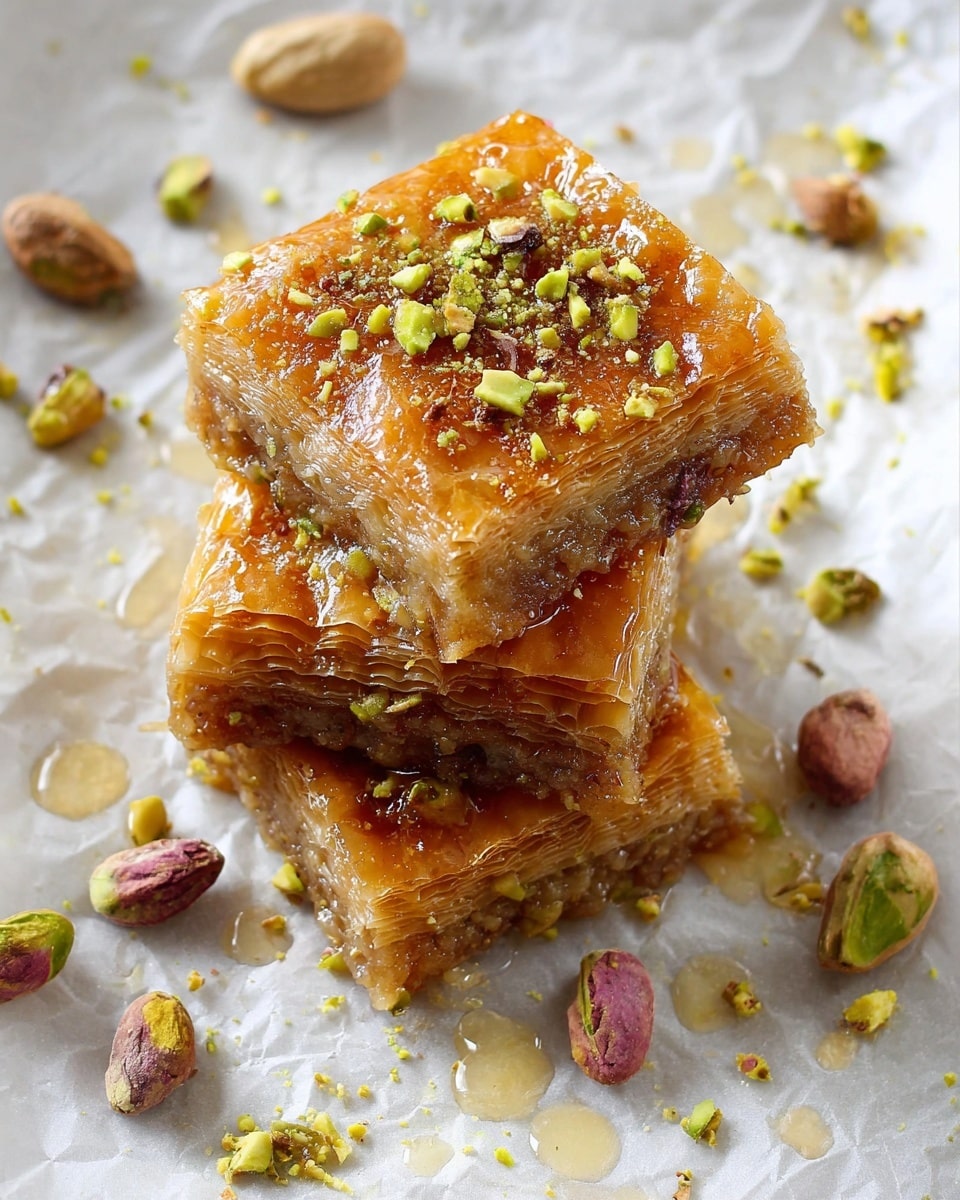 The image shows three square pieces of golden-brown baklava stacked on top of each other, with the top piece sprinkled with chopped green pistachio nuts. The baklava appears flaky and glossy with a honey-like syrup drizzled over the pieces, creating small shiny droplets. Around the stack, there are more scattered pieces of chopped pistachios and some whole pistachio nuts in their shells, all placed on crumpled white parchment paper over a white marbled surface. The overall texture looks crunchy and sticky, with a warm, inviting color. photo taken with an iphone --ar 4:5 --v 7