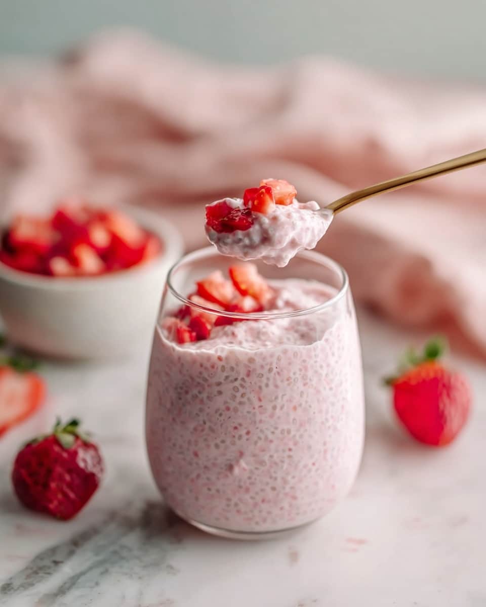 A clear glass filled with a pink chia pudding that has a thick, creamy texture with visible small chia seeds throughout, topped with small bright red strawberry pieces. A gold spoon holds a scoop of the pudding and strawberries above the glass. In the blurred background, there is a white bowl filled with larger strawberry chunks and some whole strawberries scattered on a white marbled surface. Soft pink cloth is seen in the very back, adding a light pastel tone. Photo taken with an iphone --ar 4:5 --v 7