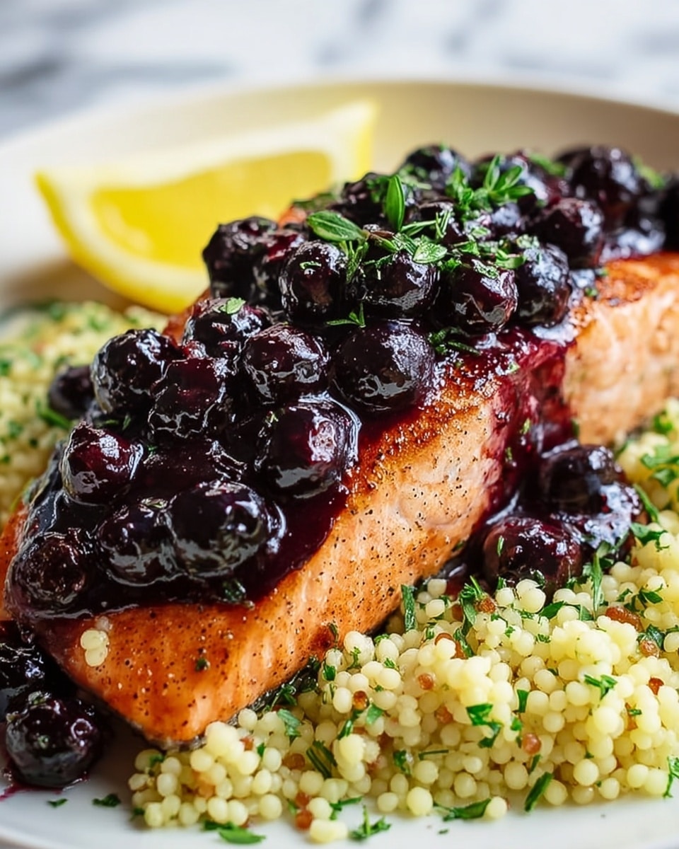 A rectangular piece of cooked salmon with a light orange color is placed on a bed of yellowish couscous mixed with green herbs on a white plate with a thin blue rim. The salmon is topped with a layer of glossy dark purple blueberry sauce and whole blueberries, some of which are shiny and plump. Around the couscous are two yellow lemon wedges and scattered small green herb leaves. The plate sits on a white marbled surface with soft natural light highlighting the textures of the fish, couscous, and blueberries. photo taken with an iphone --ar 4:5 --v 7