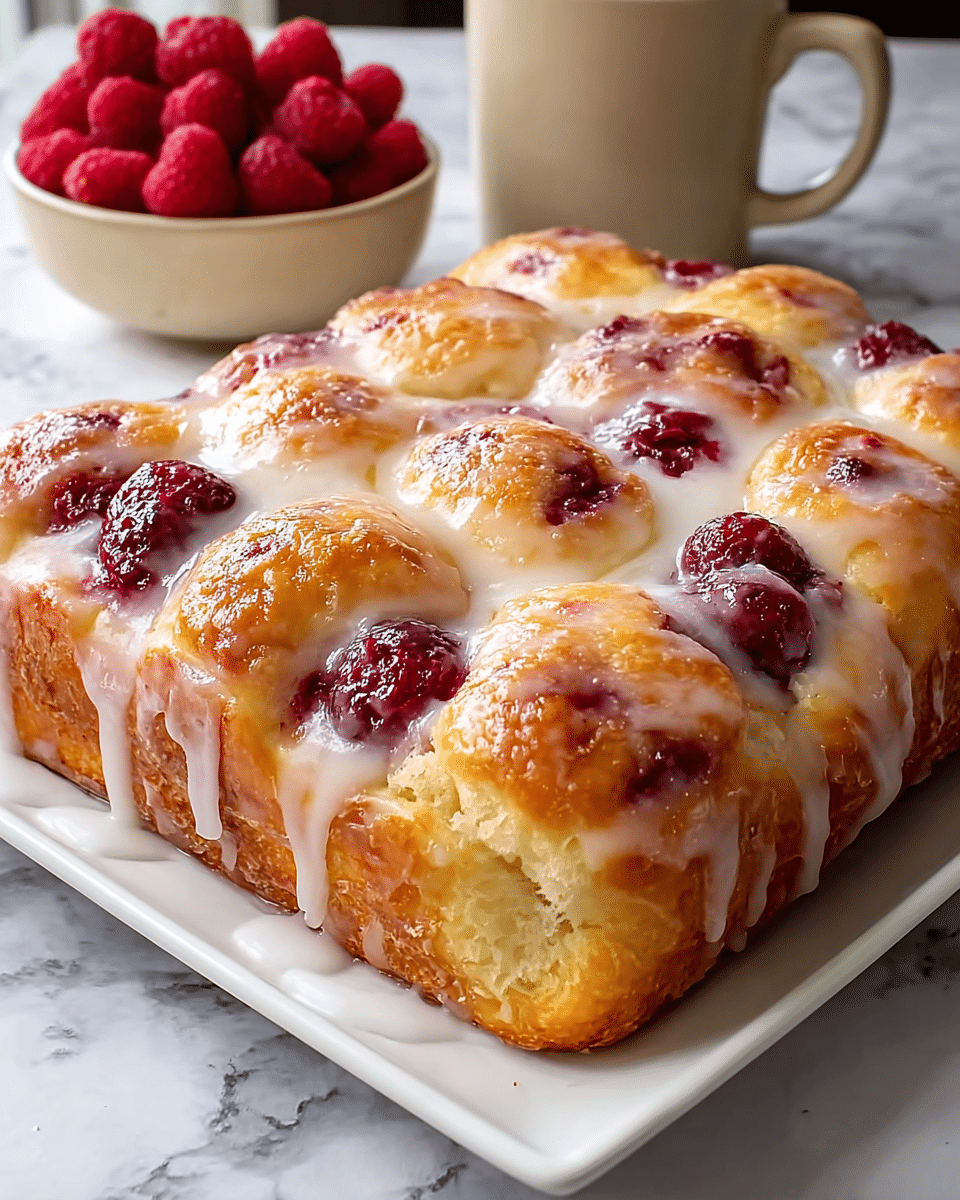 A square pastry with puffy, golden brown dough forms the base layer. Mixed inside the dough are dollops of deep red raspberry jam, creating small rounded pockets on top. A shiny glaze is spread unevenly over the whole pastry, making it look moist and sticky with white sugary drips running down the sides. The pastry sits on a white square plate, placed on a white marbled surface with a beige bowl of fresh raspberries nearby. photo taken with an iphone --ar 4:5 --v 7
