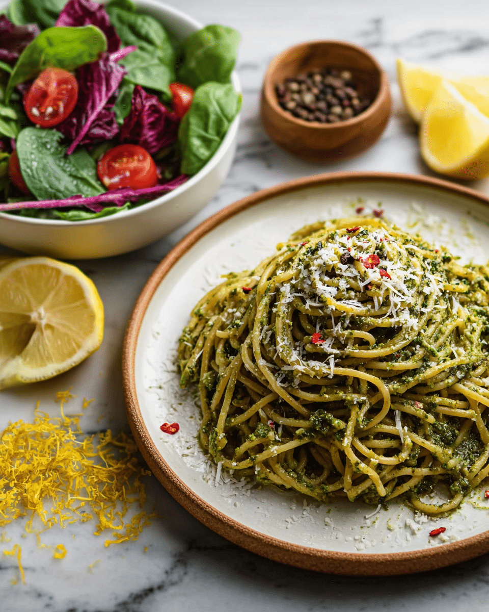 A mound of spaghetti coated in green pesto sauce forms the main layer, with visible texture from the herbs mixed into the noodles. On top, white grated cheese and small red chili flakes are sprinkled, adding contrast and color. Next to the pasta on the white plate are two lemon wedges, bringing a yellow accent. In the background, there is a white bowl filled with mixed leafy greens, including spinach and purple lettuce, topped with slices of red cherry tomatoes. There is also a small wooden bowl of peppercorns and some scattered yellow lemon zest on the white marbled surface. photo taken with an iphone --ar 4:5 --v 7
