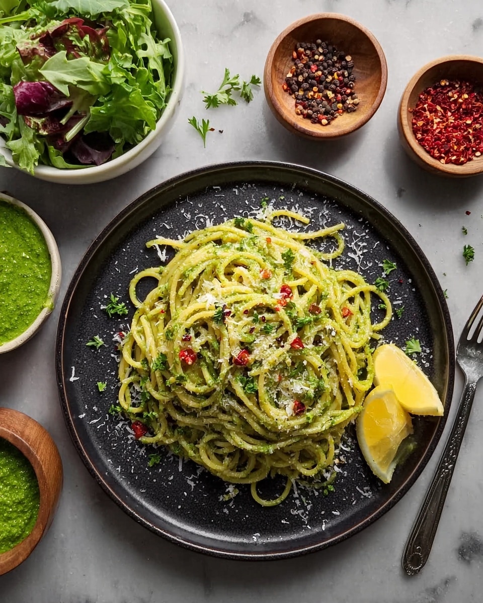 A black plate holds a single layer of green pesto pasta with small bits of red pepper flakes scattered on top. The pasta is sprinkled with white grated cheese and some green herbs. Two yellow lemon wedges rest on the right side of the plate. Around the main plate, there is a white bowl filled with green pesto sauce on the top left, a bowl with mixed salad greens on the bottom left, and two small wooden bowls on the top right holding crushed red pepper flakes and crushed peppercorns. A silver fork lies on the right side of the plate on a white marbled surface. photo taken with an iphone --ar 4:5 --v 7