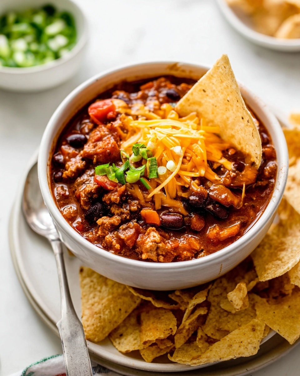 A white bowl filled with rich, chunky chili that has a dark red sauce full of black beans, small pieces of meat, and diced tomatoes. The chili is topped with bright orange shredded cheddar cheese and garnished with bright green chopped scallions. A large tortilla chip is sticking out of the chili near the right side of the bowl, with some crushed pieces around it. The bowl sits on a plate covered with more light, crispy tortilla chips. In the background, there is a small white bowl with green sliced scallions and parts of other dishes blurred out, all on a white marbled surface. A metal spoon rests inside the bowl on the left. Photo taken with an iphone --ar 4:5 --v 7