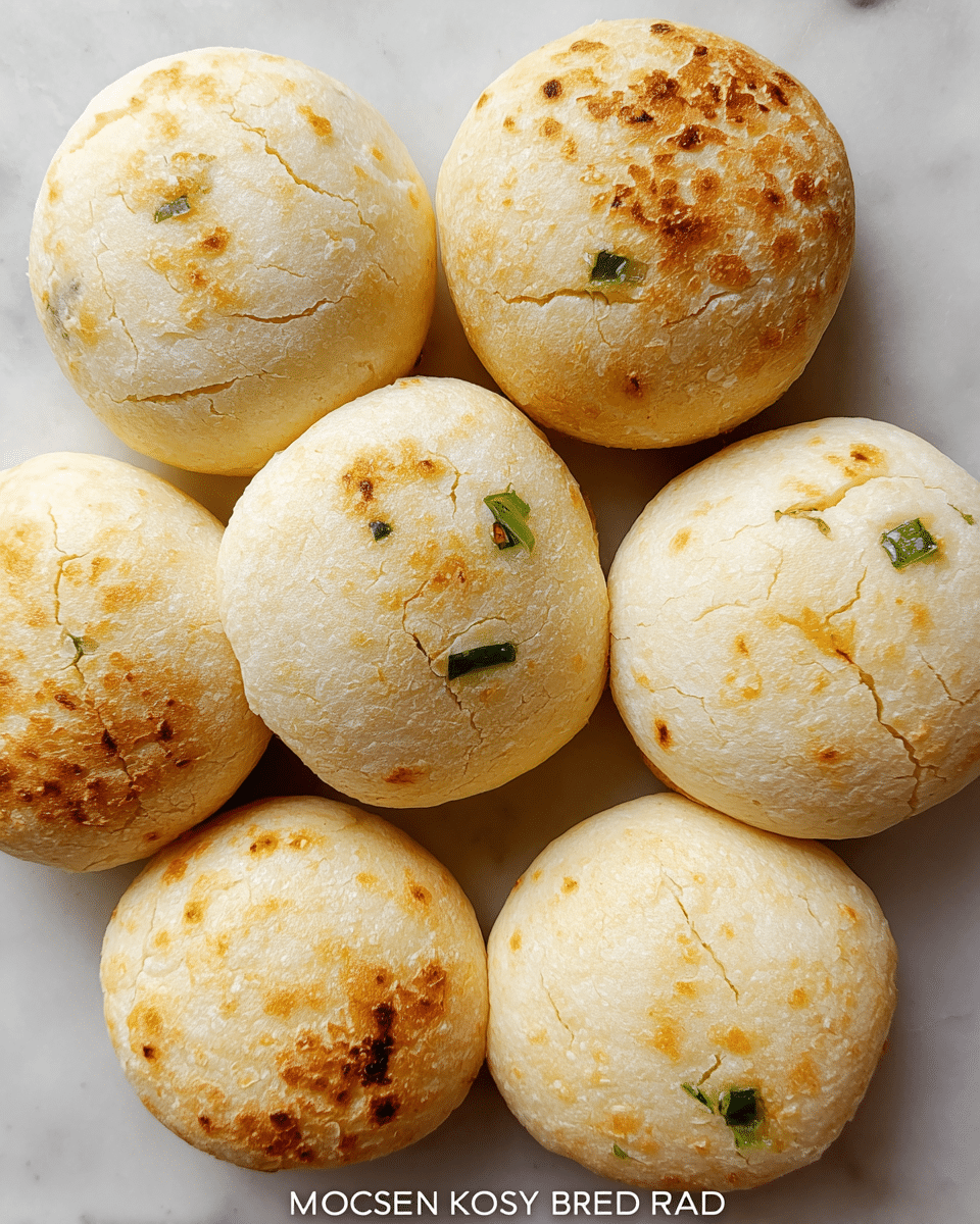 The image shows seven round Korean mochi bread pieces arranged closely on a white marbled surface. Each piece has a cracked, pale golden top layer with a slightly rough texture, some bearing small green onion bits for added color. The bread has a light, fluffy, and chewy look with a smooth, soft inner texture visible through the cracks on the surface. The arrangement highlights the different round shapes and the subtle variations in crust color. Photo taken with an iphone --ar 4:5 --v 7