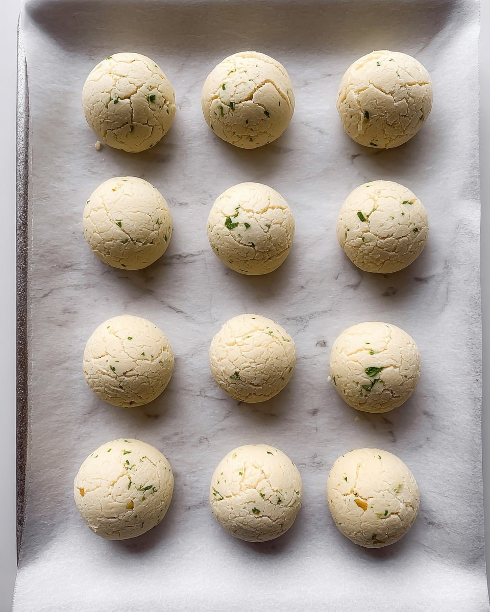Nine round dough balls sit spaced evenly on a baking tray lined with white parchment paper over a white marbled texture. Each ball is off-white with a cracked, slightly rough surface texture. Two of the balls have small green herb pieces mixed in, adding a touch of color. The dough balls appear ready to bake and are arranged in a loose grid pattern, with three balls in the top row, two in the middle, and four in the bottom row. photo taken with an iphone --ar 4:5 --v 7
