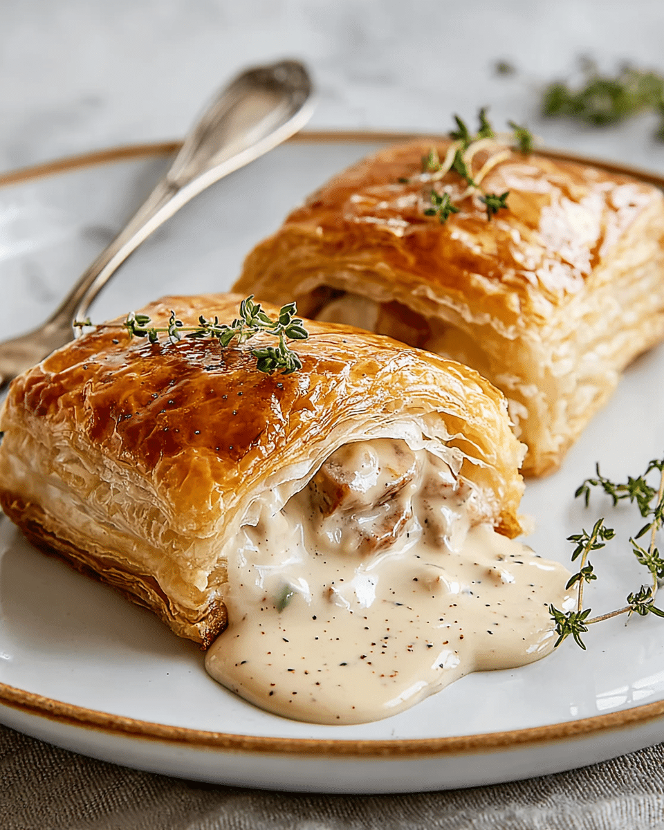 The image shows two pieces of golden brown puff pastry on a white plate with a thin gold rim, placed on a white marbled surface. Each pastry is filled with creamy, light beige sauce speckled with pepper and chunks of meat inside the flaky layers. The top layer of the pastry is shiny and crisp, reflecting light, while creamy sauce oozes out from the cut pastry in the front. There are small green herb sprigs, likely thyme, on and beside the pastries, adding a fresh touch. A vintage silver fork lies on the plate to the left side. Photo taken with an iphone --ar 4:5 --v 7