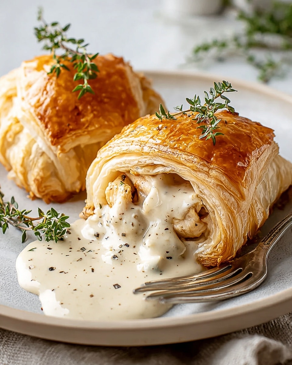 Two golden brown, flaky puff pastry pockets sit on a white plate, each with multiple crisp, layered folds visible on the crust. One pastry is cut open at the front showing creamy white sauce with black pepper flecks slowly spilling out over the plate, pooling beneath and around the pastry base. The sauce covers tender chicken pieces inside. Small sprigs of fresh green thyme rest on top of the pastries and beside them on the plate. A silver fork lies beside the pastries, and the background is softly blurred with a white marbled texture surface. Photo taken with an iphone --ar 4:5 --v 7