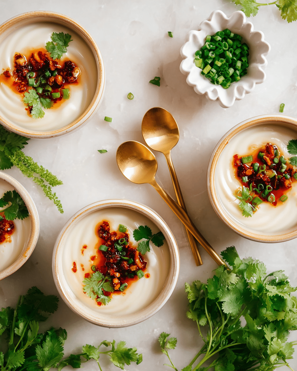 Four small white bowls filled with smooth, creamy white tofu pudding create the base layer, each bowl showing delicate ripples on the surface. On top of the tofu pudding sits a layer of bright red chili oil with visible bits of fried garlic, adding texture and contrast. Fresh green chopped chives and cilantro leaves are sprinkled on each bowl on top of the chili oil, providing a fresh green garnish. Two shiny gold spoons lie side by side on the white marbled surface between the bowls. A small white flower-shaped bowl filled with chopped green chives and some loose chives scattered around add to the fresh and clean setting, complemented by sprigs of fresh cilantro in one corner. The photo taken with an iphone --ar 4:5 --v 7