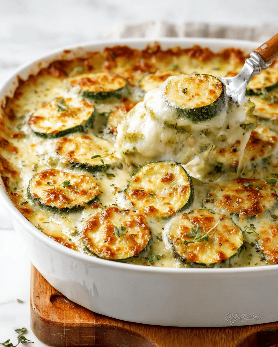 A white baking dish filled with layers of round, green zucchini slices, each topped with melted, golden-brown cheese that is bubbly and slightly crispy on top. The cheese is thick and creamy, covering the zucchini slices evenly. Some fresh green herbs are sprinkled on top for color. A metal spatula with a wooden handle is lifting a scoop of the cheesy zucchini gratin from the dish, showing the soft, gooey texture underneath. The dish sits on a wooden board against a white marbled texture background. photo taken with an iphone --ar 4:5 --v 7
