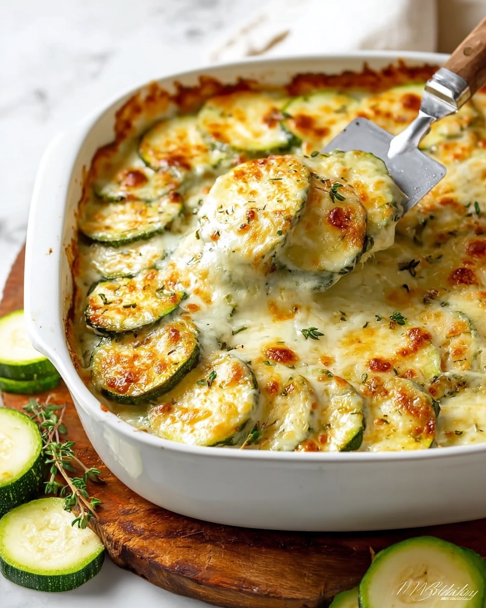 The image shows a white casserole dish filled with baked zucchini slices covered in a creamy, melted cheese sauce. The dish has about two layers: the bottom layer is green zucchini slices, and the top layer is bubbly, golden-brown melted cheese with small brown spots and herbs sprinkled on top. A metal spatula with a wooden handle is lifting part of the zucchini and cheese from the dish. The dish sits on a wooden board, and some fresh zucchini slices and herbs are visible next to it on a white marbled surface. photo taken with an iphone --ar 4:5 --v 7