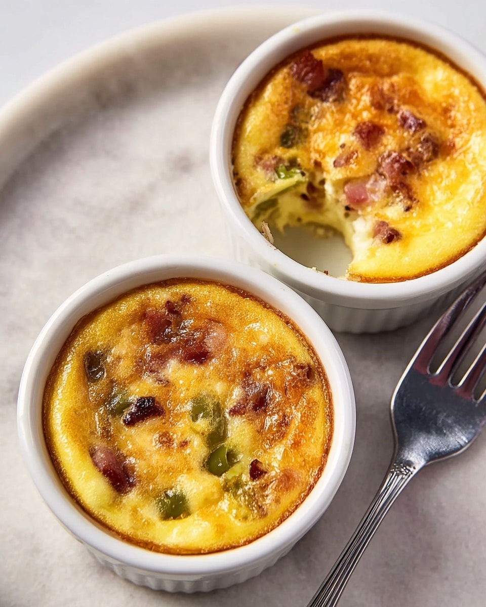 Two small white ceramic ramekins filled with baked egg cups sit on a white marbled texture. Each egg cup has a golden brown top layer that is slightly crispy and bubbly. Beneath the surface, visible pieces of green bell pepper, browned bacon, and melted cheese are embedded within the soft yellow egg base. One ramekin has a small section eaten, showing the textured layers of the cooked egg and ingredients inside. A silver fork lies next to the ramekins on the surface. photo taken with an iphone --ar 4:5 --v 7