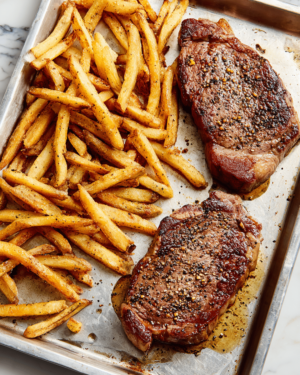 The image shows two grilled steaks with a slightly charred edge, browned and cooked with visible black pepper and seasoning on top. Below the steaks, there is a layer of golden crispy French fries spread out unevenly across a silver metal tray. The tray has oil and some seasoning scattered on it. The background is a white marbled texture. Photo taken with an iphone --ar 4:5 --v 7