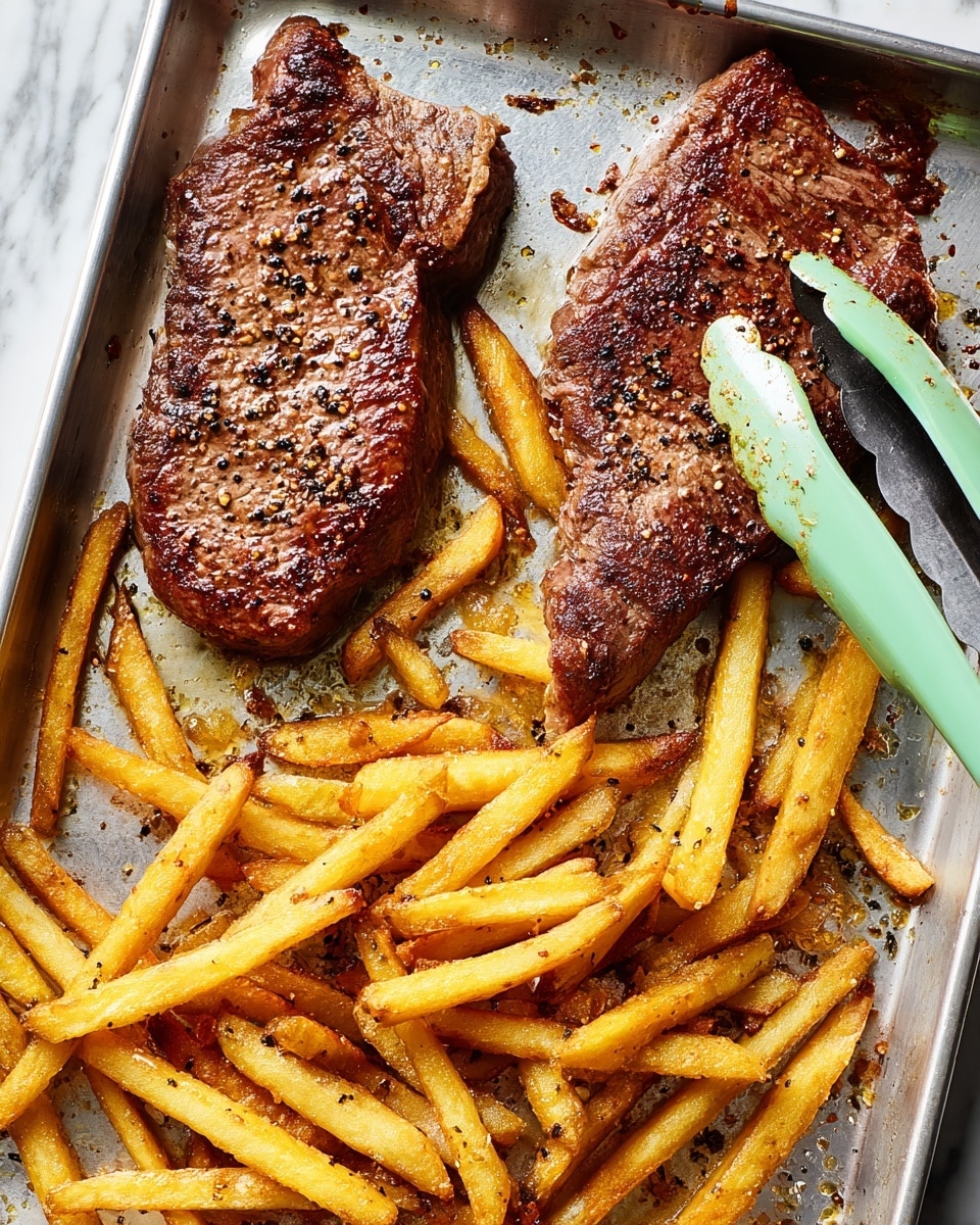 Two cooked steaks with a browned and slightly charred texture are placed on the upper half of a metal tray. The steak on the right is held by mint green tongs, showing its juicy surface speckled with black pepper. Below the steaks, a spread of golden, crispy French fries fills the lower half of the tray, each fry showing a crunchy texture with some darker edges. The tray has small bits of seasoning and oil marks, all set against a white marbled background. Photo taken with an iphone --ar 4:5 --v 7