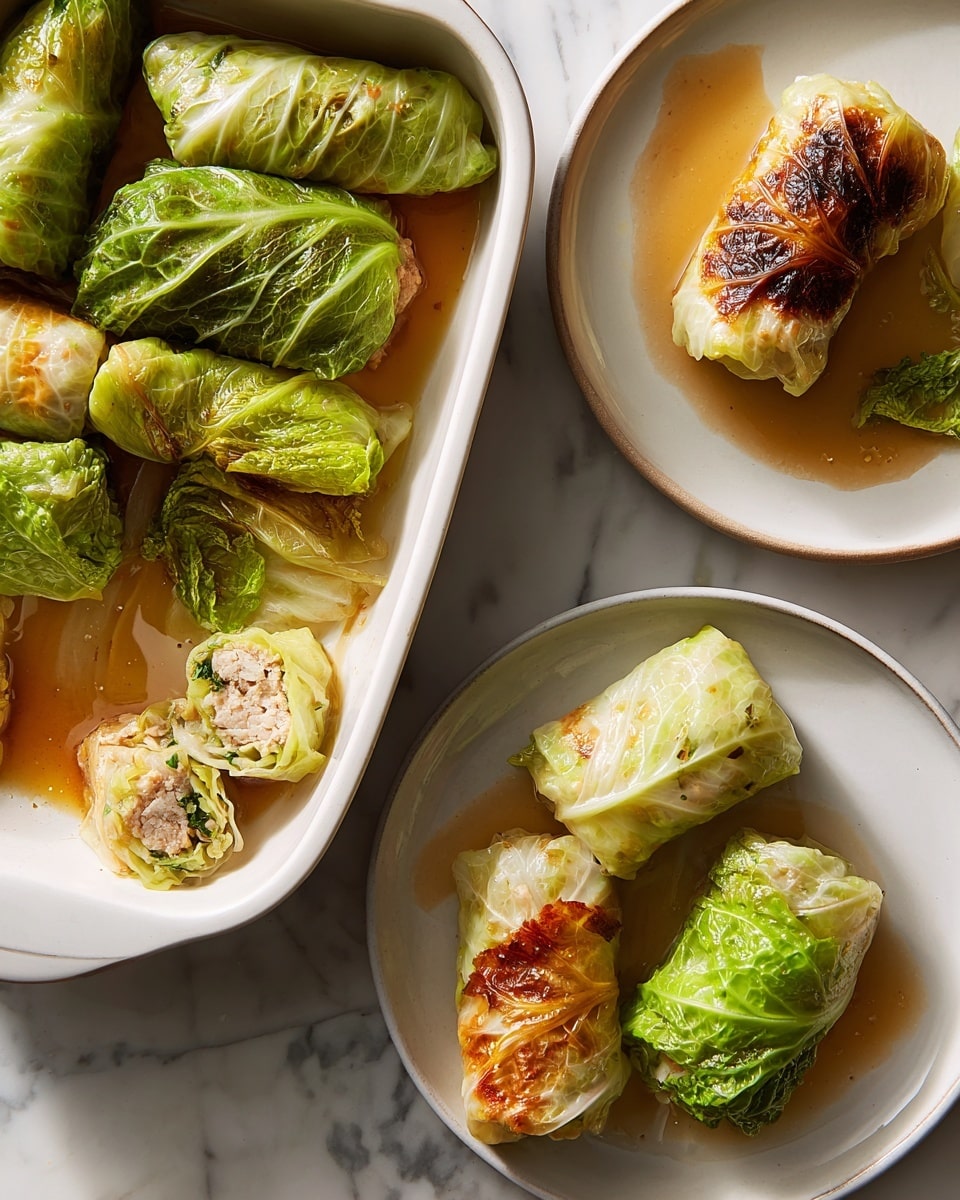 The image shows a white rectangular dish and two white round plates on a white marbled surface. The dishes hold stuffed cabbage rolls with layers of green cabbage leaves wrapped around a light brown meat filling, some with a light golden-brown roasted top and others softer and lighter green. One plate has three whole rolls and one cut in half, revealing the filling inside. The casserole dish contains multiple rolls immersed in a light brown sauce, with some leaves more vibrant green and others more pale and cooked. The sauce pools around the rolls, adding a glossy texture. Photo taken with an iphone --ar 4:5 --v 7