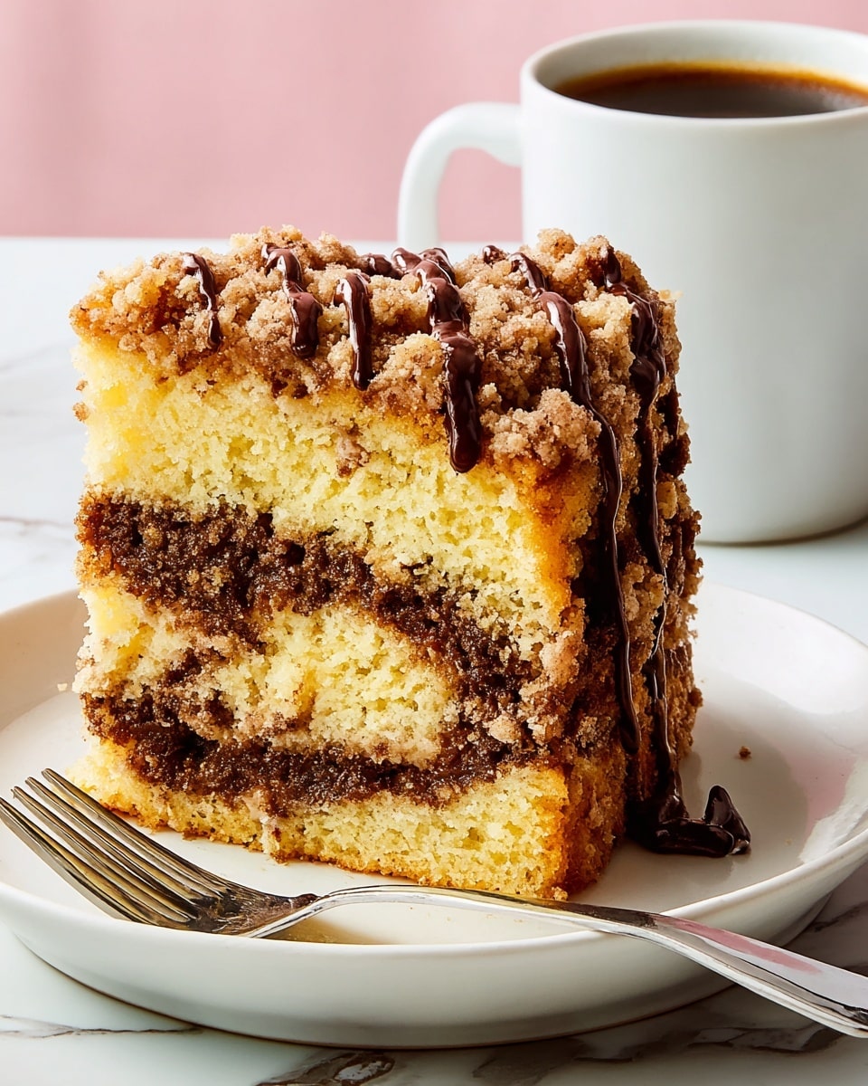 The image shows a thick slice of crumb coffee cake placed on a white plate with a silver fork beside it. The cake has two main layers of soft, yellow sponge separated by a rich, dark brown swirl of cinnamon or chocolate filling. The top layer is covered with a chunky, golden-brown crumb topping that looks crunchy and is decorated with drizzles of smooth, shiny chocolate. In the background, a white mug filled with coffee is visible, resting on a white marbled surface and a soft pink backdrop. photo taken with an iphone --ar 4:5 --v 7