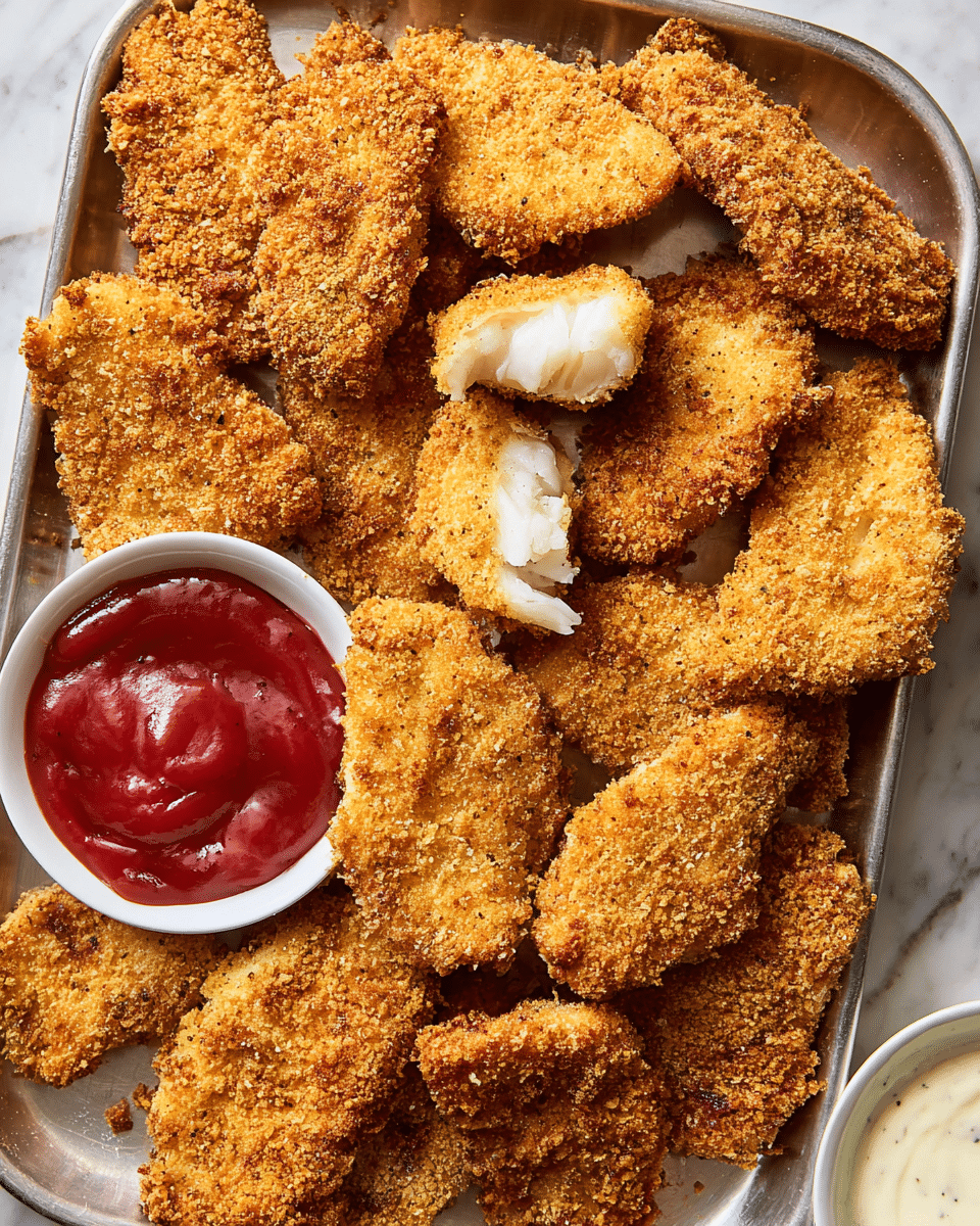 A metal tray filled with many pieces of golden brown, crispy fried fish fillets, each with a rough textured crust. One piece in the center is broken open showing flaky white fish inside. On the left side, a small white round bowl holds bright red ketchup, with a fillet partially dipped into it. At the bottom right corner, part of a small white bowl with creamy white dipping sauce is visible. The tray is placed on a white marbled surface. photo taken with an iphone --ar 4:5 --v 7