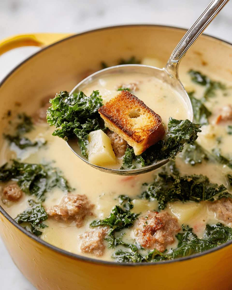 A close-up of a creamy soup in a yellow pot, showing a shiny silver ladle lifting a spoonful. The soup has a light beige, smooth broth as the base layer. On top, there are three main layers mixed: bright green kale leaves with a curly texture, chunks of browned sausage with a rough surface, and small pale yellow potato pieces with soft edges. There is also a square piece of toasted bread with a golden-brown crust. The pot is on a white marbled surface. photo taken with an iphone --ar 4:5 --v 7