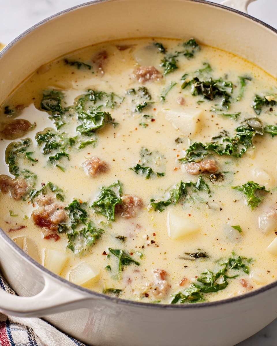 A close-up of a creamy soup in a white pot with a smooth pale yellow broth as the base layer, filled with visible chunks of cooked sausage brown in color and pieces of pale white potato. Green kale leaves float throughout the soup, adding textured leafy layers on the surface. The soup has a slightly thick consistency with small bubbles and bits of seasoning scattered across. The pot sits on a white marbled surface with a striped cloth nearby. Photo taken with an iphone --ar 4:5 --v 7