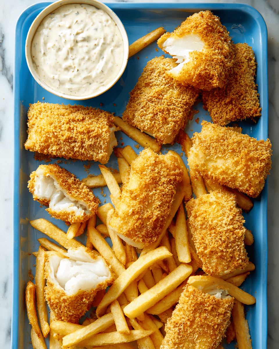 A blue tray holds several pieces of golden-brown breaded fried fish, some whole and one broken open to show the white, flaky fish inside. Below the fish, there is a layer of thick, crispy, pale yellow French fries scattered around. To the left side of the fries, there is a small white cup filled with creamy white tartar sauce, with a piece of fish dipped into it. The tray and food are set on a white marbled surface. Photo taken with an iphone --ar 4:5 --v 7