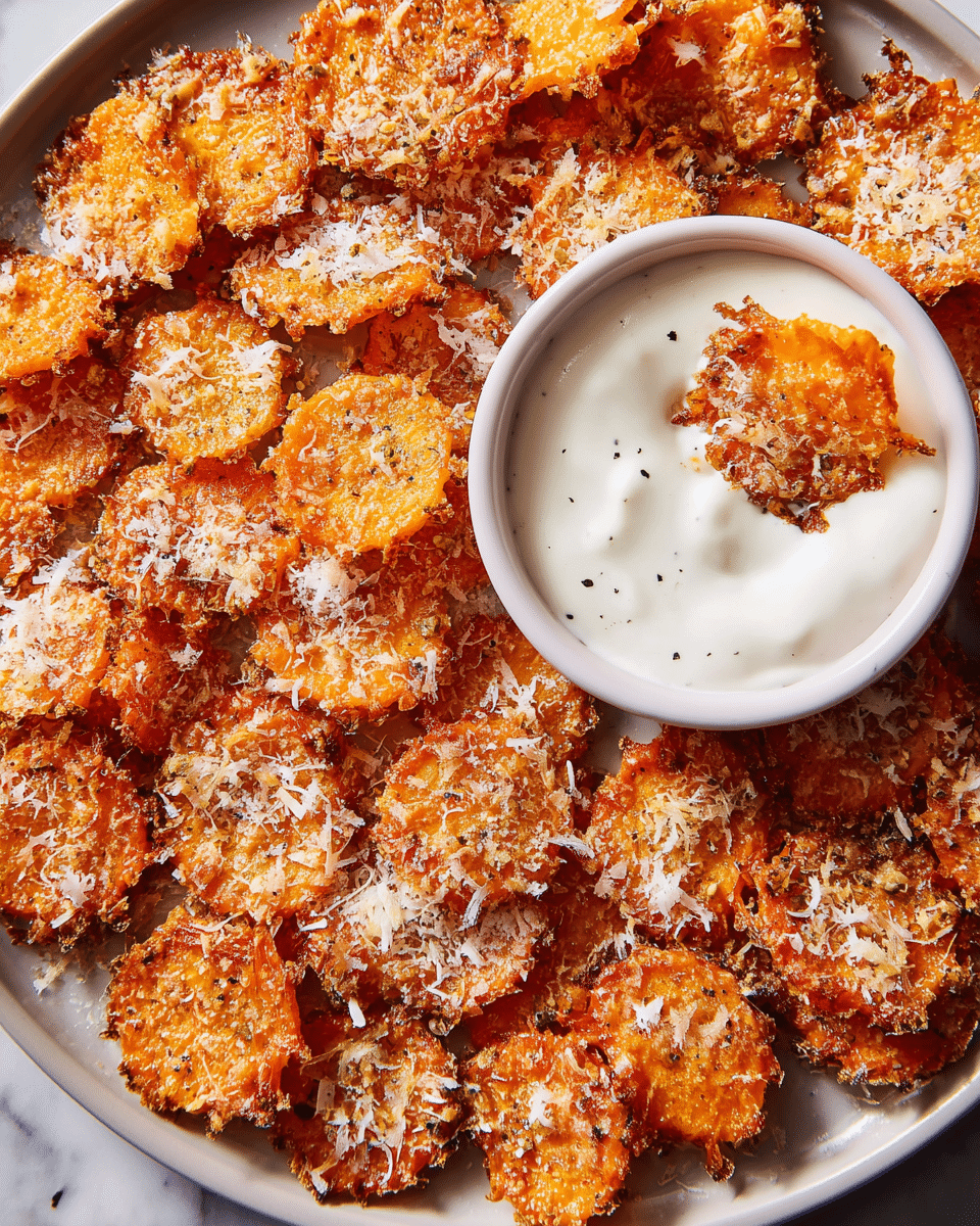 A white plate is filled with many small, crispy, golden-brown baked carrot slices that have a slightly uneven texture and are sprinkled with white grated cheese all over. The carrot chips look crunchy with some edges lightly browned. In the center of the plate, there is a small white bowl filled with thick, creamy white dipping sauce with a few black specks. One crispy carrot chip is placed resting partly inside the bowl. The whole scene is set on a white marbled texture background. photo taken with an iphone --ar 4:5 --v 7