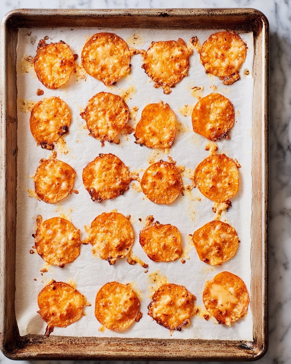 The image shows a metal baking tray covered with white parchment paper, laying flat on a white marbled surface. On the paper, there are five rows of small, round, orange baked chips, each topped with tiny bits of melted cheese that are slightly browned and crispy. The chips vary slightly in shape, some with rough edges, and they have a textured, crunchy look with golden-brown spots where the cheese has browned and melted into the surface. The tray edges show some baked-on marks, adding a rustic feeling to the presentation. Photo taken with an iphone --ar 4:5 --v 7