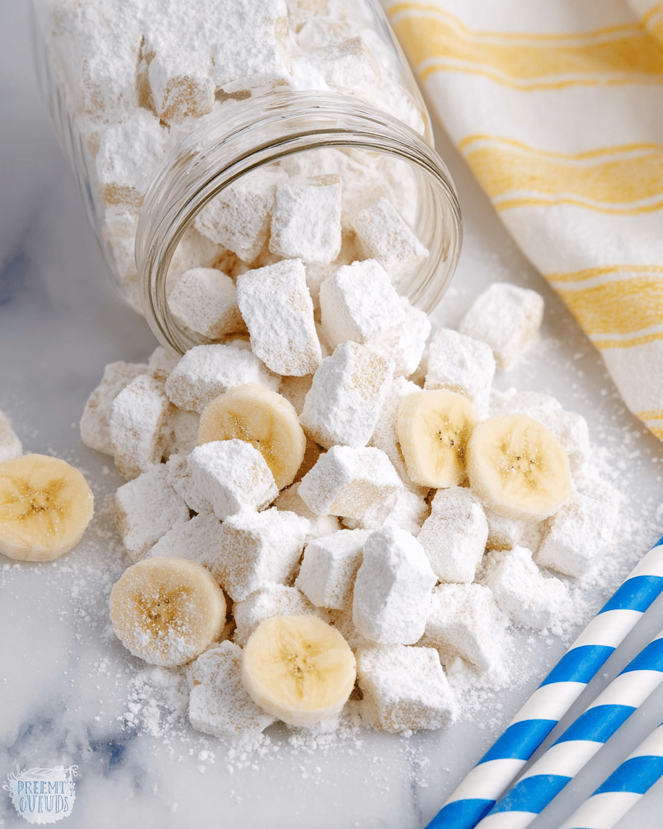 A clear glass jar is tipped over on a white marbled surface, spilling out many small square and irregular shapes coated heavily in white powdered sugar. Scattered among the white powdered pieces are light yellow banana slices with soft textures, their round shape and light brown centers creating a contrast. To the right edge, there's a blue and white striped straw diagonally placed. A cream-colored cloth with thin yellow stripes is slightly visible at the top right corner. The image has a soft, bright lighting that enhances the powdery texture and fresh look of the fruit. Photo taken with an iphone --ar 4:5 --v 7