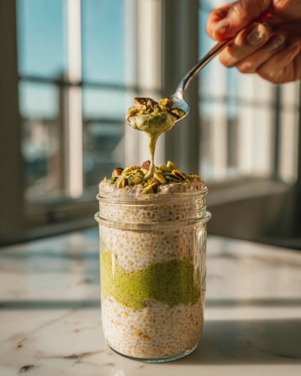 The image shows a clear glass jar filled with three main layers of creamy beige chia pudding mixed with small seeds. Between these layers, there are swirls of thick green pistachio paste spread unevenly inside the jar, creating streaks of color against the beige pudding. The top layer is a generous amount of chia pudding with visible chopped green pistachios sprinkled over the surface. Above the jar, a woman's hand holds a silver spoon dripping with the creamy mixture and green nut pieces. The scene is set on a white marbled surface with soft natural sunlight coming through large window panes in the background, giving a warm and cozy feel. photo taken with an iphone --ar 4:5 --v 7