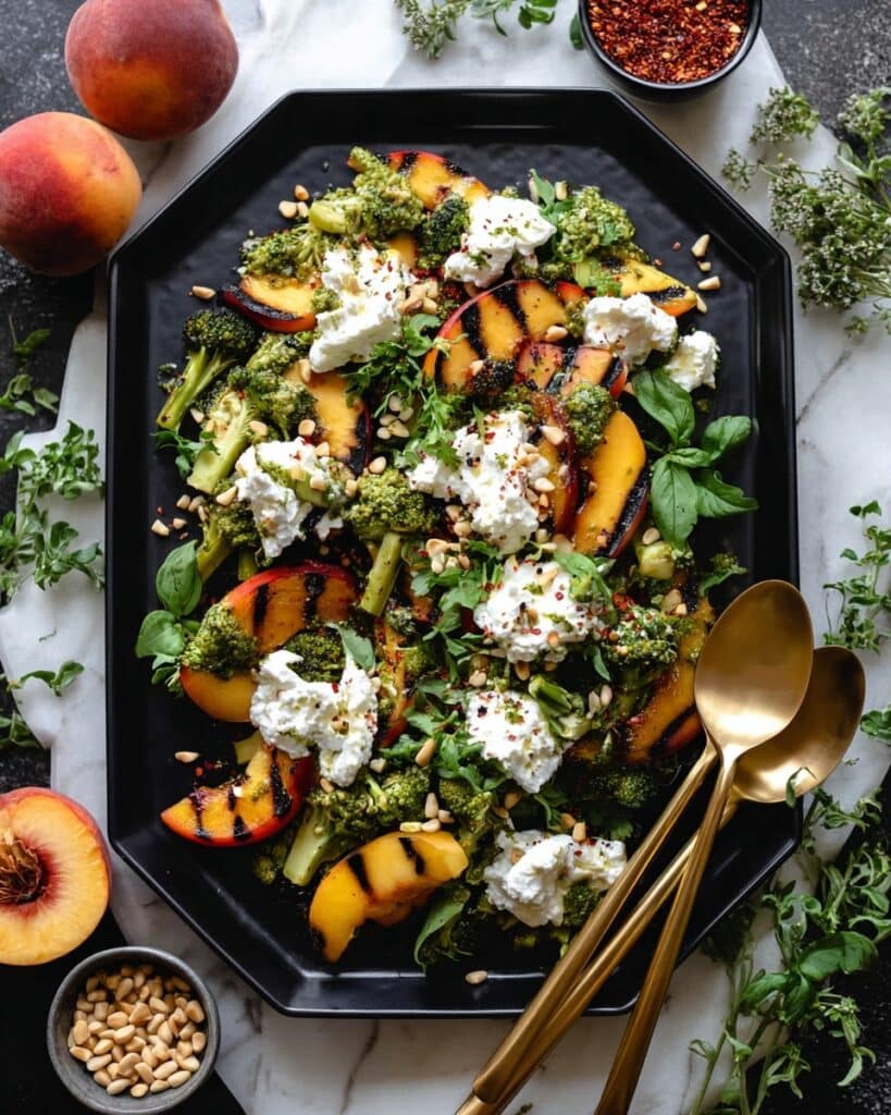 Grilled Peach Salad with Burrata, Pesto Croutons, and Fresh Herbs Recipe