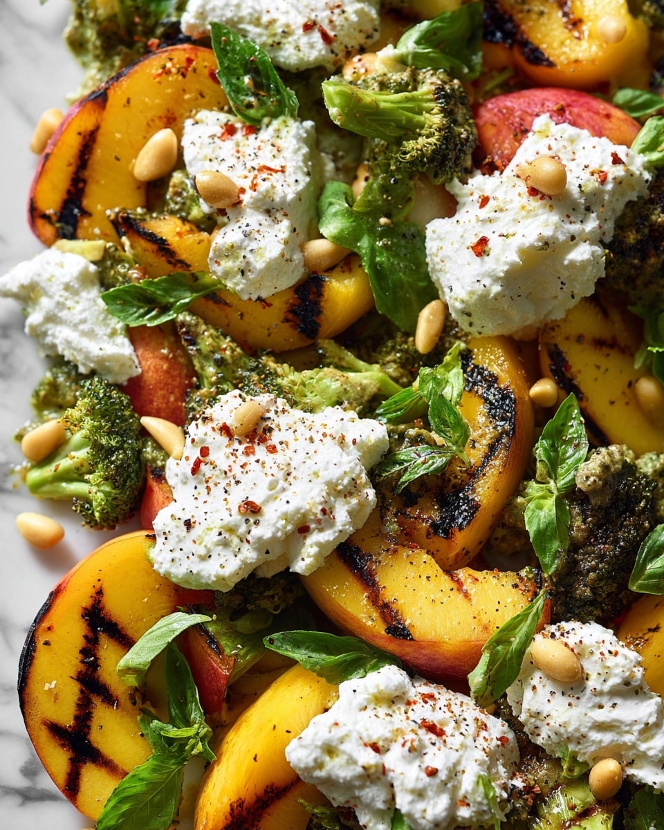 This dish shows a close-up of several layers starting with grilled yellow and orange peach slices with visible dark grill marks, mixed with small broccoli florets that have a slightly charred green surface. Piled on top are dollops of soft, white ricotta cheese sprinkled with black pepper and a red spice. Scattered throughout are small beige pine nuts and fresh green herb leaves that add vibrant color. The ingredients are arranged on a white marbled surface, giving a fresh and appetizing look. photo taken with an iphone --ar 4:5 --v 7
