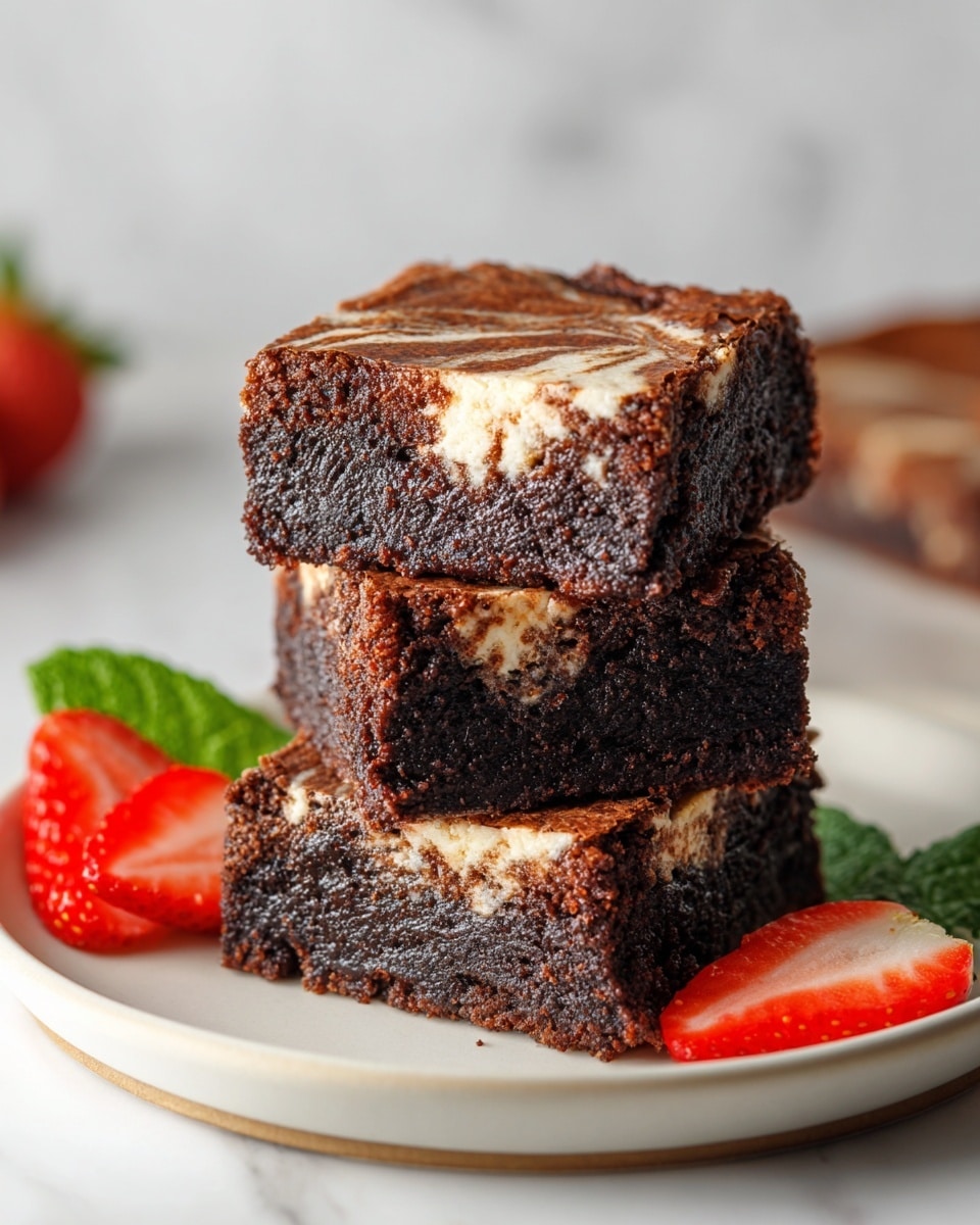 Three thick brownies are stacked on a white plate placed on a white marbled surface, each brownie showing a rich, dark chocolate color with a moist, dense texture. The top layer has a cream cheese swirl, creating a marbled pattern of creamy white and dark chocolate on the surface. The edges are slightly crumbly but hold the shape well. Fresh strawberry slices and green mint leaves are placed on the plate next to the brownies, adding a splash of red and green color. The background is softly blurred, focusing on the stack of brownies. Photo taken with an iphone --ar 4:5 --v 7