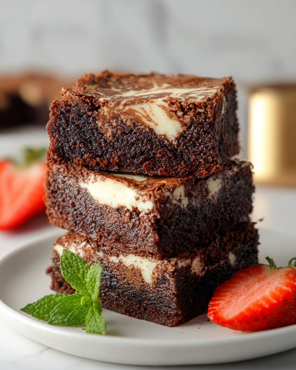 A stack of three rich, dark chocolate brownies is centered on a simple white plate. Each brownie has a thick, moist texture with slightly crumbly edges. The top layer has a light cream swirl mixed beautifully with the chocolate, creating a marbled pattern. Around the brownies, there are a few small green mint leaves and sliced red strawberries as garnish. The plate is set on a white marbled surface, giving a clean and fresh look. Photo taken with an iphone --ar 4:5 --v 7